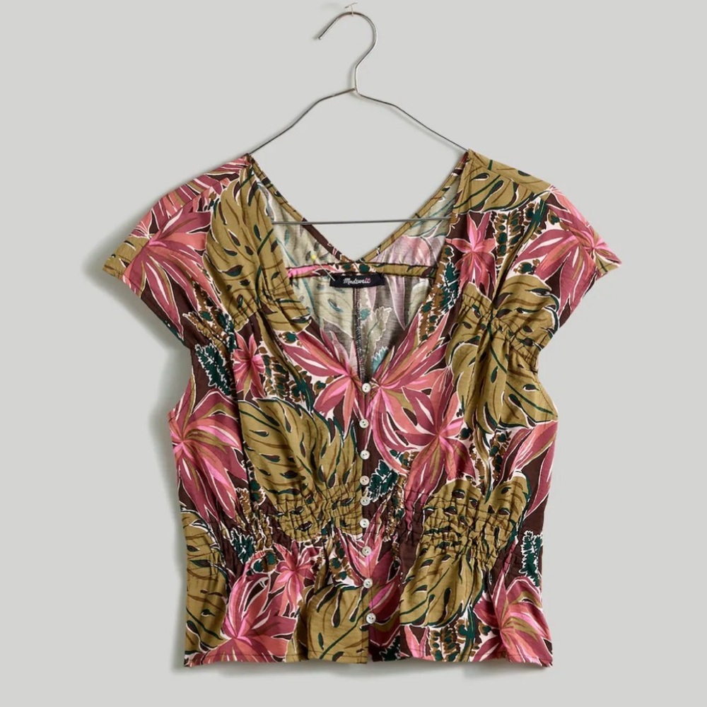 NWT Madewell Shirred Cap-Sleeve Top in Brushstroke Monstera button down small